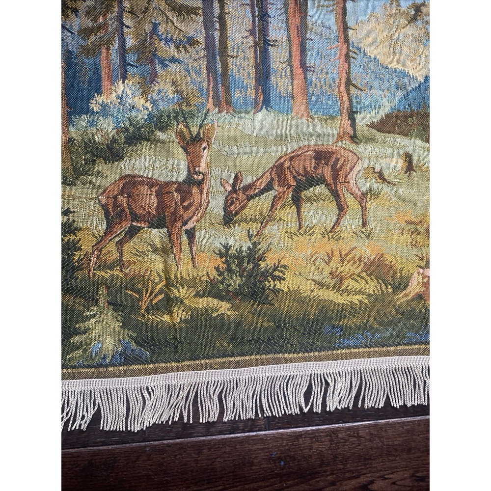Vintage Deer Forrest Cabin Wall Hanging Tapestry 53 x 25" Hunting Scene - Picture 5 of 16